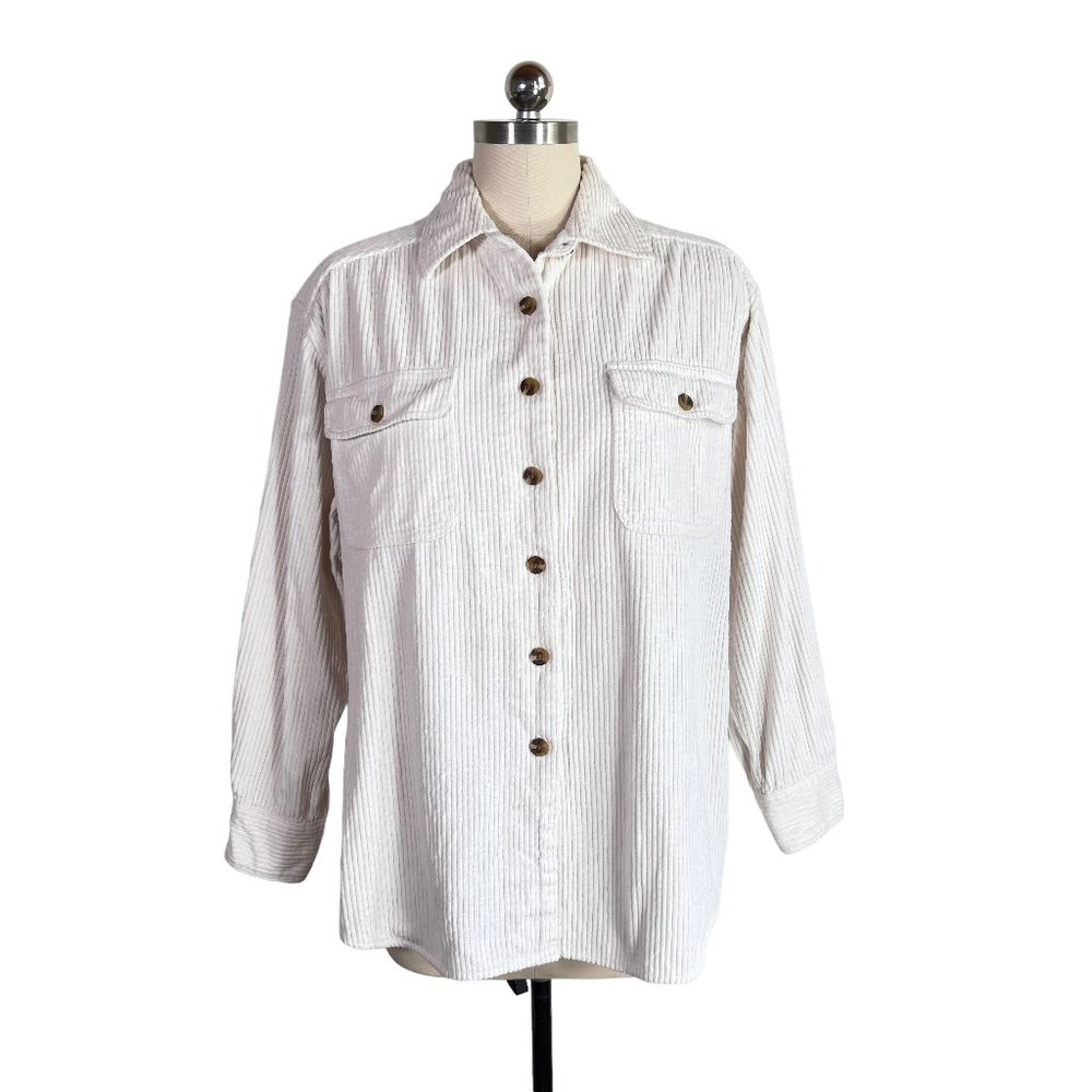 vintage 90s wide wale corduroy button shirt L large womens white 100% cotton vtg